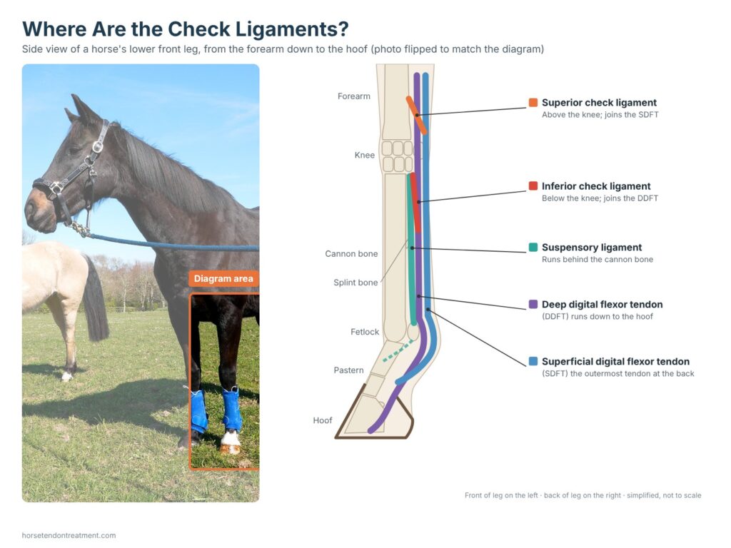 Diagram of a horse's lower front leg showing where the superior and inferior check ligaments sit in relation to the suspensory ligament and flexor tendons